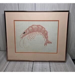 Vintage 91' Shrimp Cross-Stitch Finished Professionally Framed Nautical Cocktail